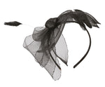 A black fascinator headband featuring sheer black mesh fabric, a central black satin bow, and feather accents, shown against a plain white background.