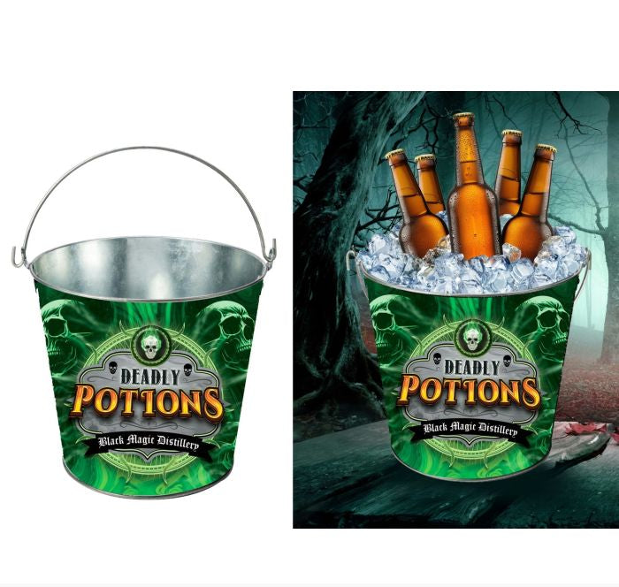 A green and black 'Deadly Potions' metal bucket cooler with a silver handle, shown on a white background and also pictured filled with beer bottles in ice against a spooky forest backdrop.