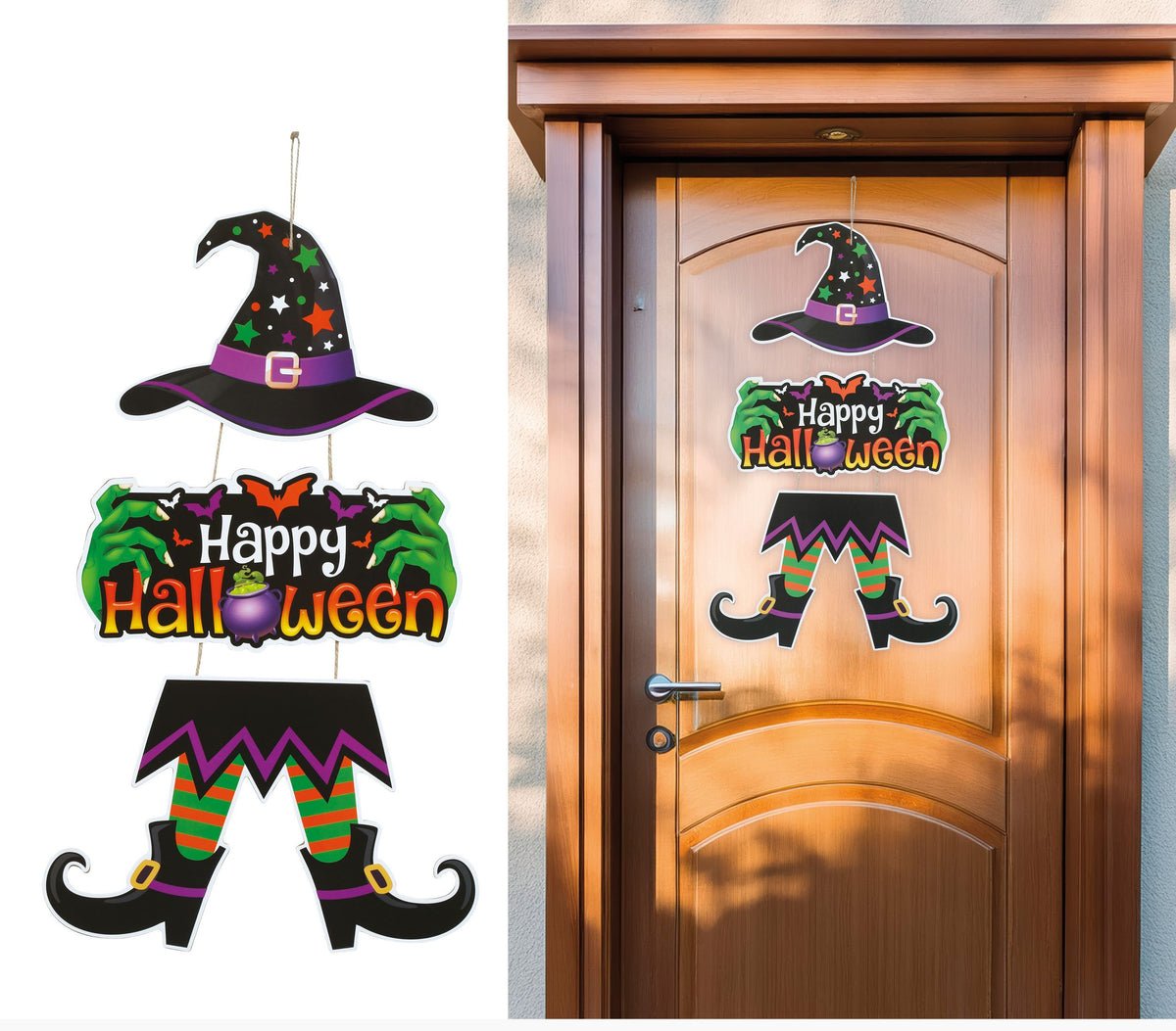 Halloween door sign featuring a witch hat and colorful 'Happy Halloween' text, shown both as a standalone product on the left and installed on a brown wooden door on the right.