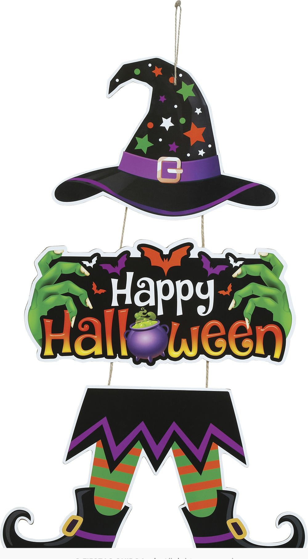 Halloween hanging decoration featuring a witch hat, green zombie hands, and the words 'Happy Halloween' with a purple pumpkin and striped stockings, shown on a white background.