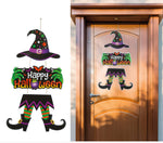 Halloween door sign featuring a witch hat and colorful 'Happy Halloween' text, shown both as a standalone product on the left and installed on a brown wooden door on the right.