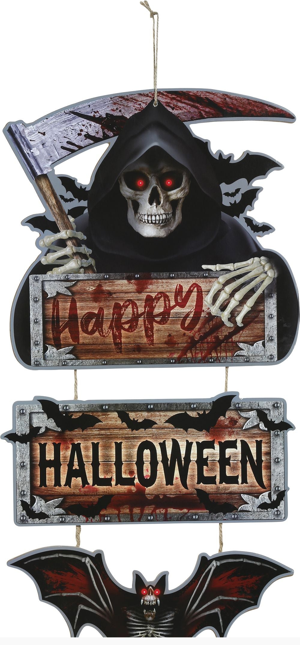 Halloween hanging decoration set featuring a grim reaper with a scythe and skeleton hands holding a 'Happy Halloween' sign, a second 'HALLOWEEN' sign, and a bat cutout at the bottom.