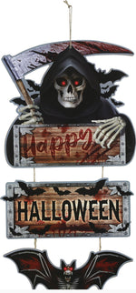 Halloween hanging decoration set featuring a grim reaper with a scythe and skeleton hands holding a 'Happy Halloween' sign, a second 'HALLOWEEN' sign, and a bat cutout at the bottom.
