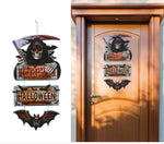 Halloween door decorations shown both as a set on a white background and installed on a brown wooden door. The set includes a grim reaper with a scythe and 'Happy Halloween' sign, a 'HALLOWEEN' sign, and two black bat decorations.