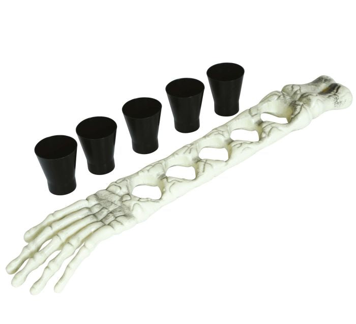 A Halloween skeleton arm prop with five black cup holders.