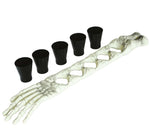 A Halloween skeleton arm prop with five black cup holders.