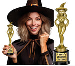 A smiling woman in a black witch costume holds a small gold Best Halloween Costume trophy, with a larger version of the same gold trophy on a black base shown beside her against a white background.