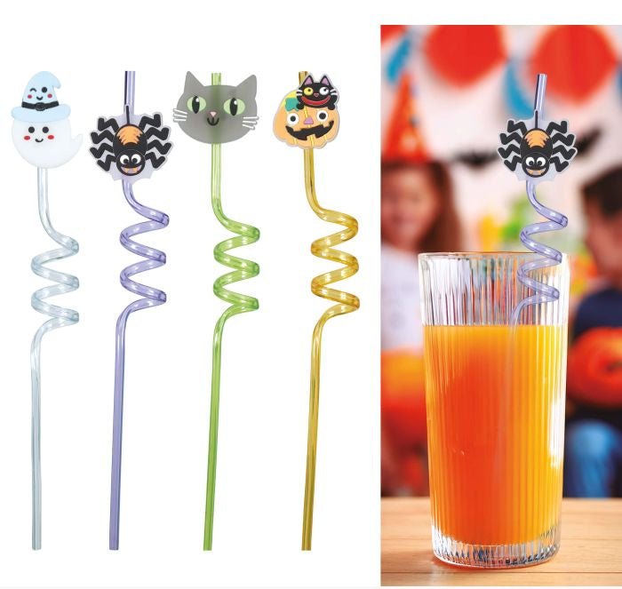 Four spiral Halloween-themed drinking straws are shown on a white background, alongside a lifestyle photo of one purple spiral straw with a spider topper in a glass of orange juice on a table.