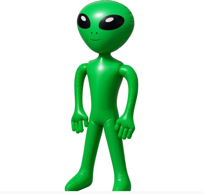 An inflatable green alien figure with large black eyes, standing against a plain white background. 