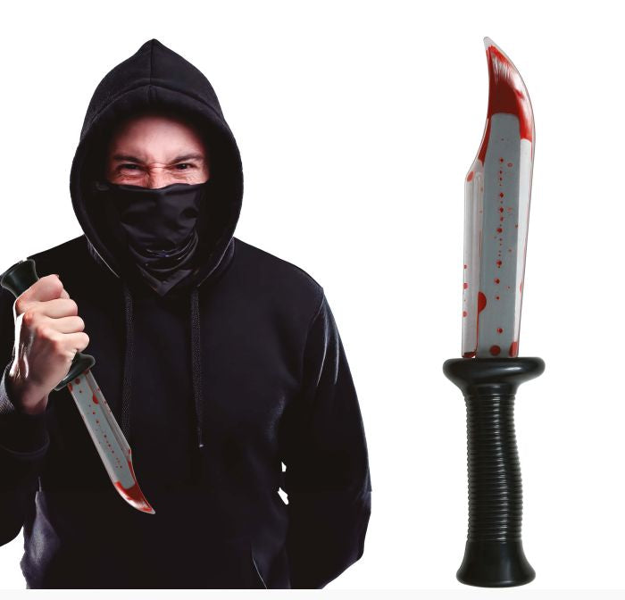 Person in black hoodie holding a bloody knife with a white background