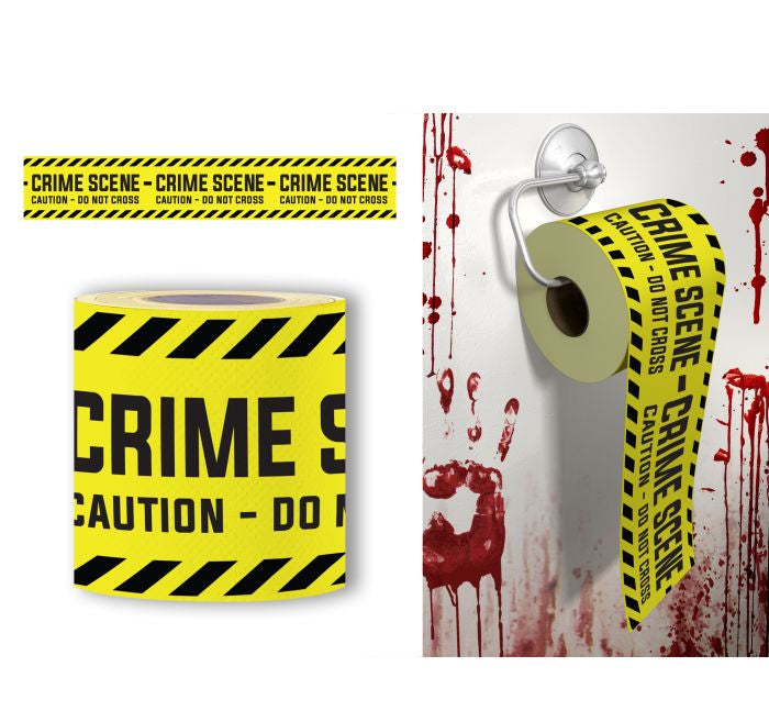 Yellow and black caution-style toilet paper tape shown in two product views: a roll wrapped around a toilet paper holder on a white wall with red blood-splatter styling, plus a separate roll laid flat. The tape reads 'CRIME SCENE - DO NOT CROSS' with black text on a bright yellow background.