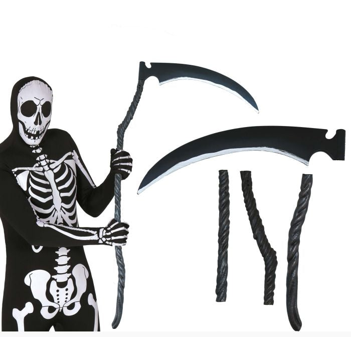 Halloween grim reaper costume set shown on a white background, including a skeleton-printed hooded robe and two large black scythe props with twisted handles. A small figure wearing the costume is visible on the left, with additional detached costume and prop pieces displayed to the right.