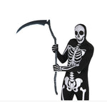 A person wearing a black full-body skeleton costume and holding a large scythe prop against a plain white background. 