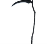 A black plastic grim reaper scythe prop with a curved blade and a twisted handle.