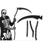 Halloween grim reaper costume set shown on a white background, including a skeleton-printed hooded robe and two large black scythe props with twisted handles. A small figure wearing the costume is visible on the left, with additional detached costume and prop pieces displayed to the right.