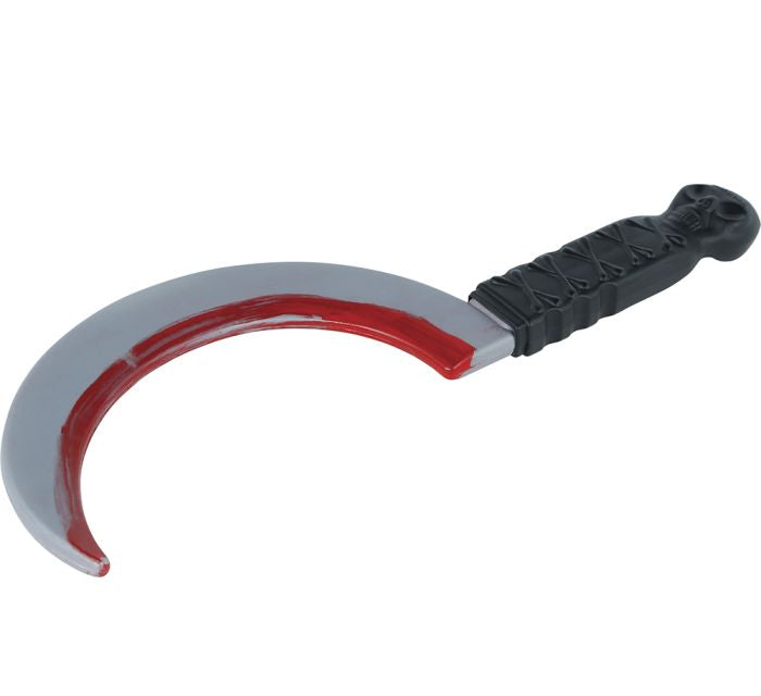 A plastic toy sickle prop with a curved silver blade featuring a red blood-like streak, and a textured black handle, shown on a white background with a copyright watermark at the bottom.