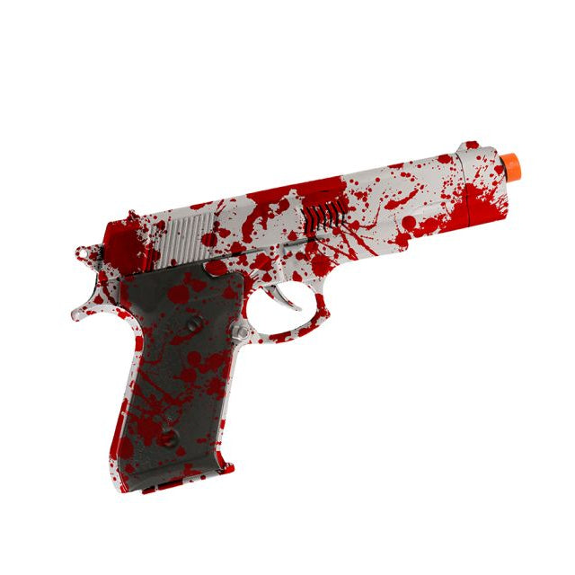 A toy pistol decorated with a red blood splatter pattern, featuring a white slide and body, a dark gray grip, and an orange tip, shown on a white background with a copyright watermark at the bottom.