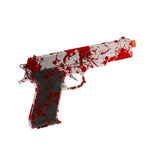 A toy pistol decorated with a red blood splatter pattern, featuring a white slide and body, a dark gray grip, and an orange tip, shown on a white background with a copyright watermark at the bottom.