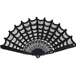 A black lace folding hand fan with a spiderweb design, featuring a black frame and semi-sheer black mesh webbing, shown against a plain white background.
