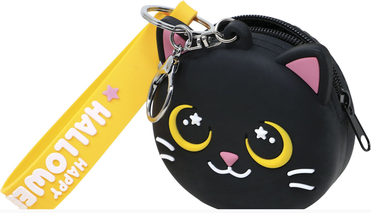 A black cat-shaped zippered coin purse with a yellow strap featuring 'Happy Halloween' text, shown on a white background with a copyright notice for Fiestas Guirca s.l.