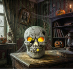A decorative skull Halloween light with glowing orange eyes and mouth, displayed on a rustic wooden table in a dark, spooky room with pumpkins, cobwebs, and old books. A copyright watermark for 'FIESTAS GUIRCA s.