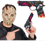 A person wearing a horror-style hockey mask points to a decorative toy pistol shown in two views against a white background. The toy gun has a black base with neon pink, purple, blue, and red flame-like graphics, plus skull and flame motifs.