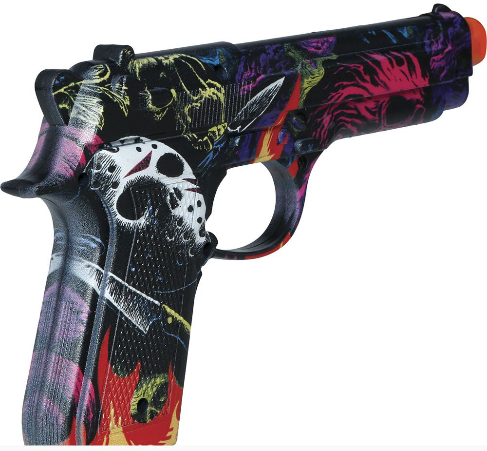A novelty toy gun with a vibrant, multicolored graphic design featuring a hockey mask, skulls, and flames on a black base, with a bright orange tip.