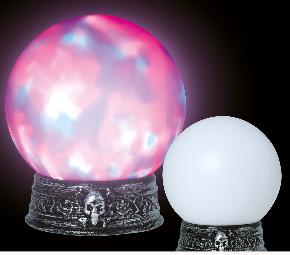Two decorative crystal ball lamps on ornate silver bases against a black background. The larger left ball glows with pink, purple, and blue marbled light, while the smaller right ball is solid white.
