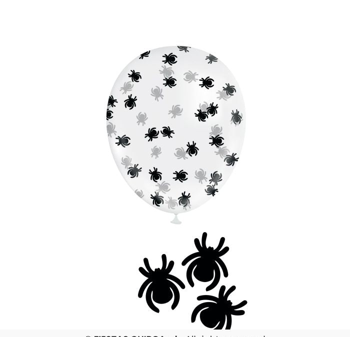 A round white balloon printed with a repeating pattern of black and gray spiders, shown above three larger black spider cutouts on a white background. A copyright line for Fiestas Guirca s.