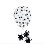A round white balloon printed with a repeating pattern of black and gray spiders, shown above three larger black spider cutouts on a white background. A copyright line for Fiestas Guirca s.