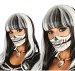 Two views of a person wearing a skeleton mask and black and white wig with bangs.