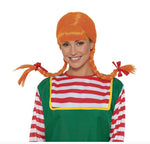 A woman modeling a festive costume consisting of an orange wig with braided pigtails and red ribbon bows, a green vest, and a red and white striped bib with a yellow border.