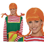 A woman modeling a festive costume wig with bright orange braided pigtails and bangs, shown in two views against a white background: a full-body view wearing a green vest over red-and-white striped sleeves, and a close-up of the wig and upper body.