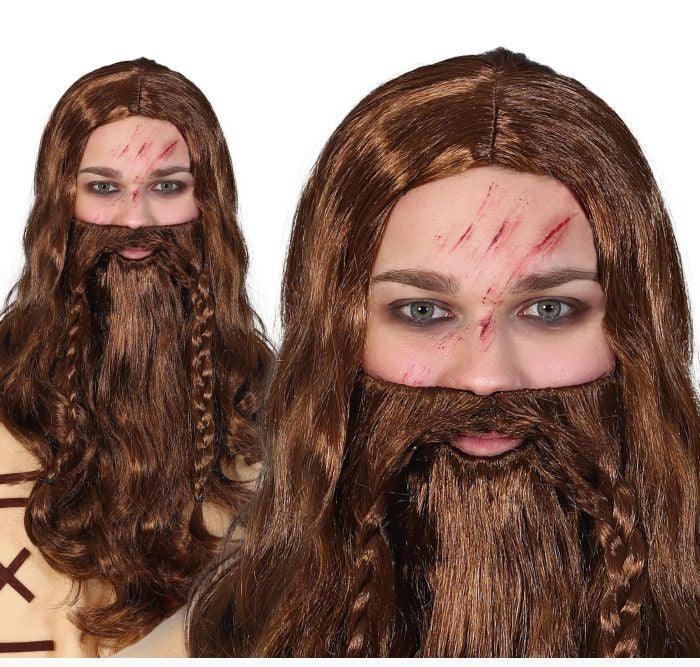 Brown wig with beard and braided hair on a white background