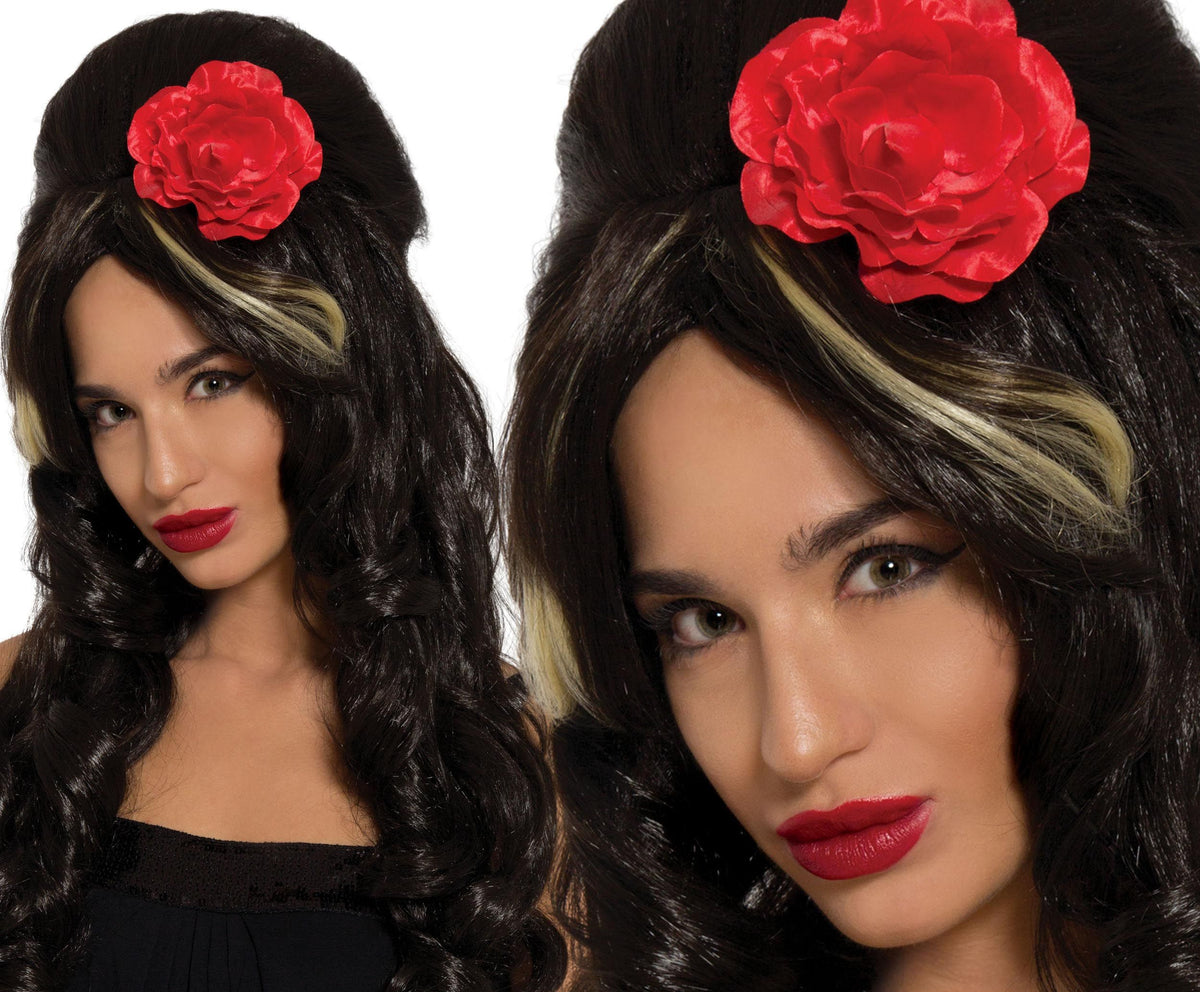Black Pop Star Wig with Flower