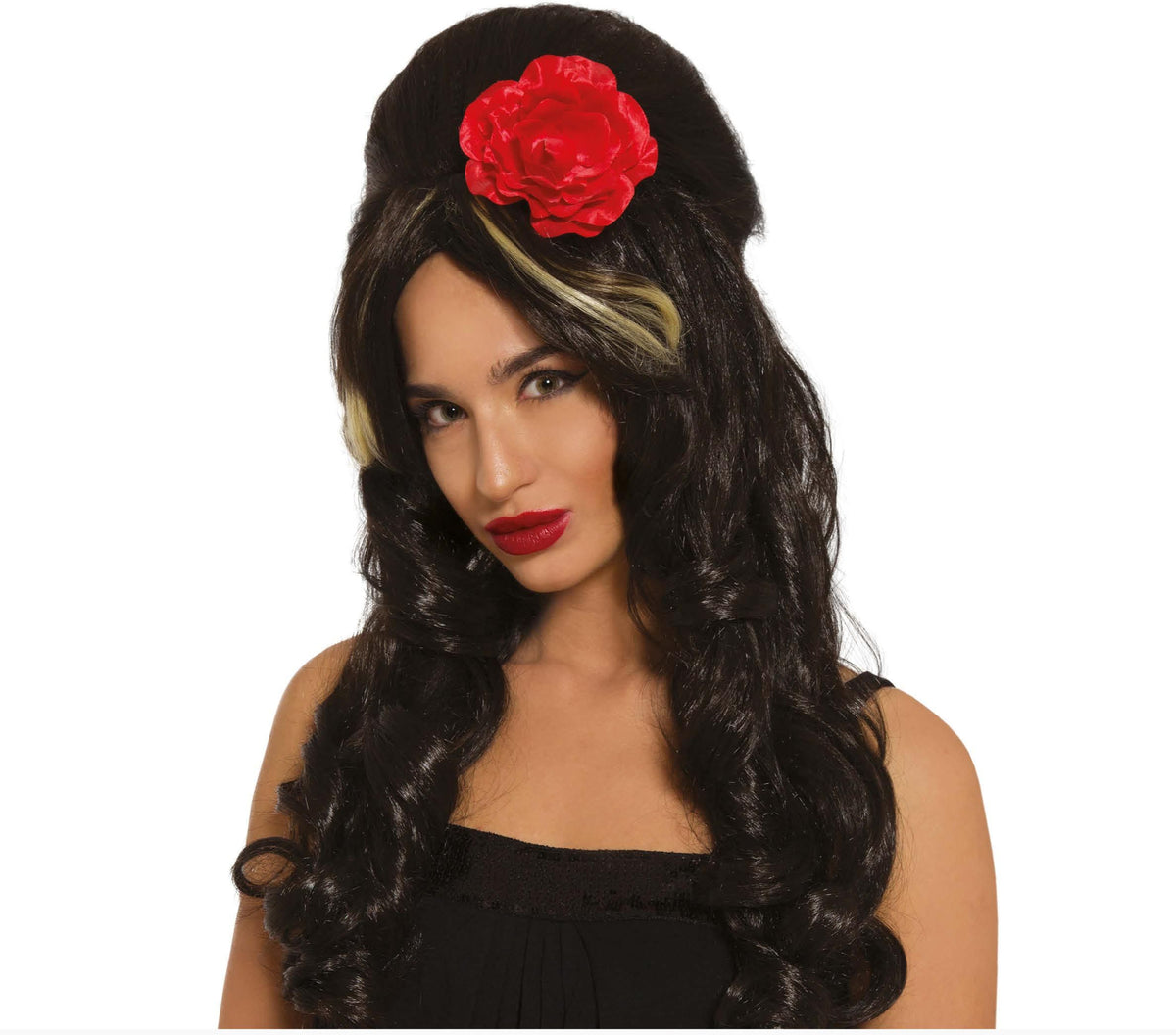 Black Pop Star Wig with Flower