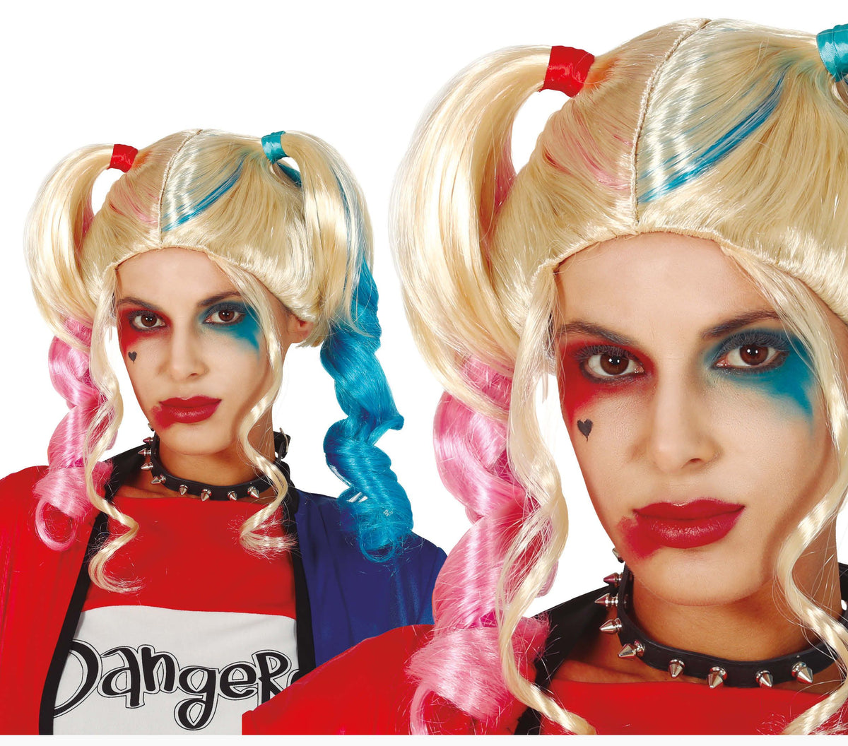 Two people with blonde wigs styled in pigtails with pink and blue hair extensions, wearing colorful outfits.