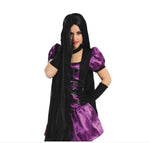 Person wearing a black and purple costume with long black wig on a white background