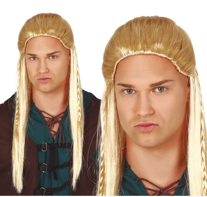 Two men wearing blonde wigs with long hair styled in a way resembling a historical or fantasy character.
