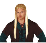 A man wearing a Viking-style costume wig with long blonde hair and braids, paired with a dark brown and teal costume top, against a plain white background.
