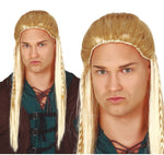 Two men wearing blonde wigs with long hair styled in a way resembling a historical or fantasy character.
