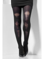 Opaque Tights, Black, with Distressed Detail