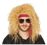 A man wearing a long, curly blonde wig, dark aviator sunglasses, a red patterned headband, and a black shirt against a plain white background.