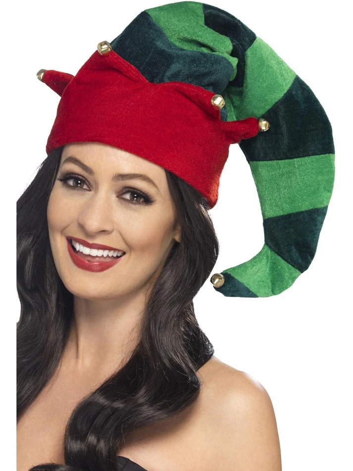 Plush Elf Hat Green & Red with Bells