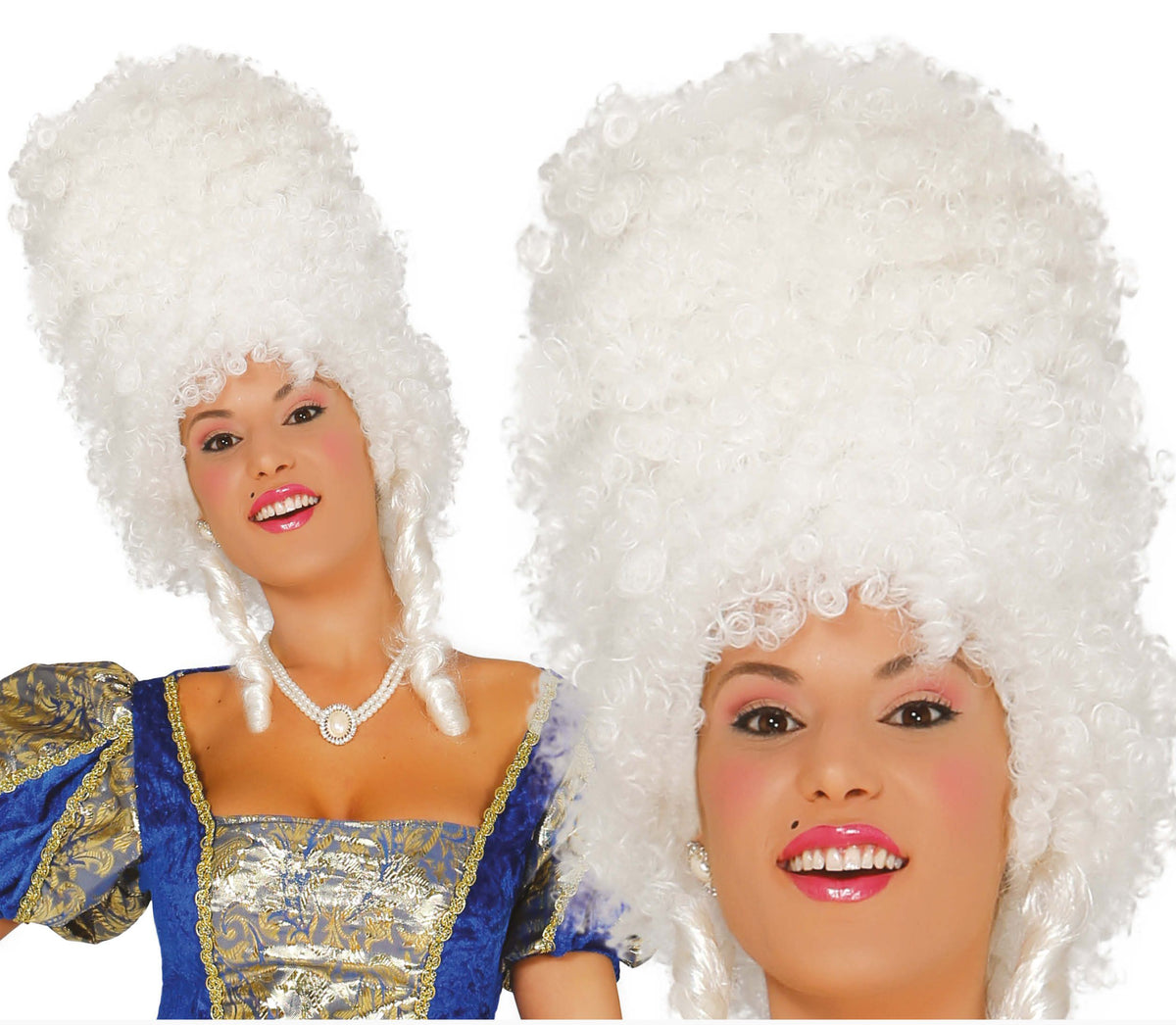 Two women wearing white 17th-century style bouffant wigs with pearl necklaces and blue-and-gold costumes, shown against a white background