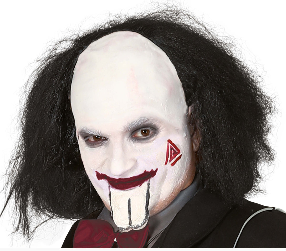 Person wearing a white makeup costume with black hair and red bow tie on a white background