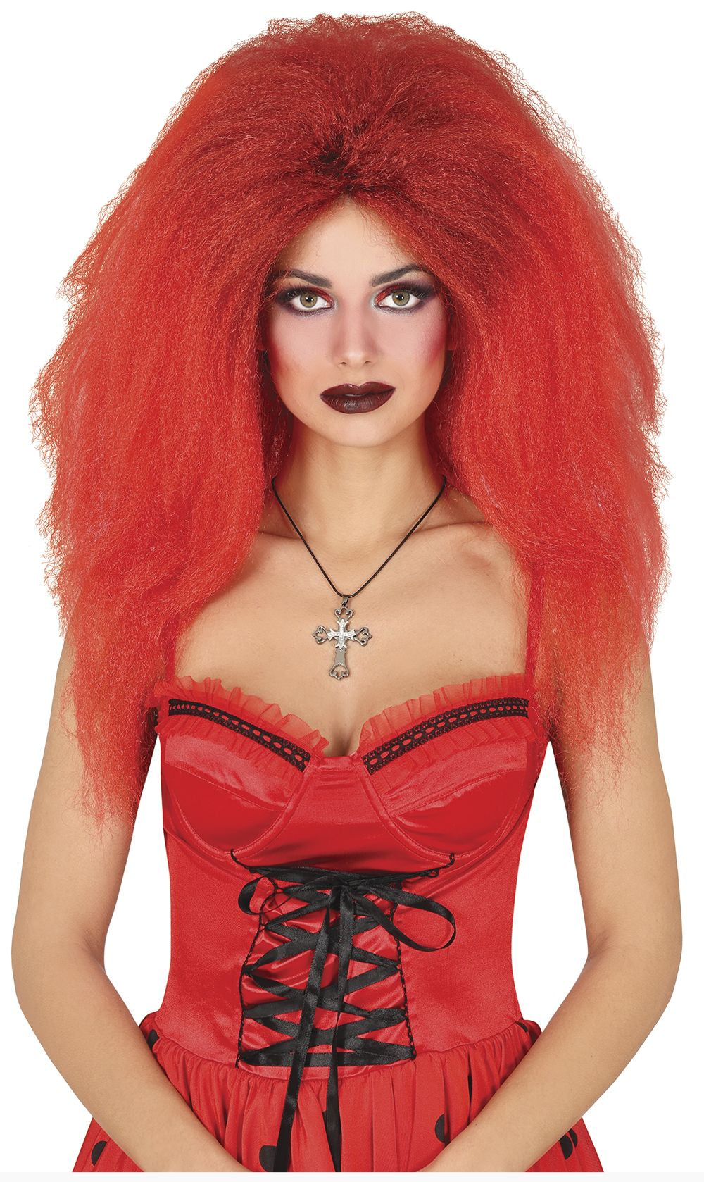 Person wearing a red wig and red dress with black lace details on a white background