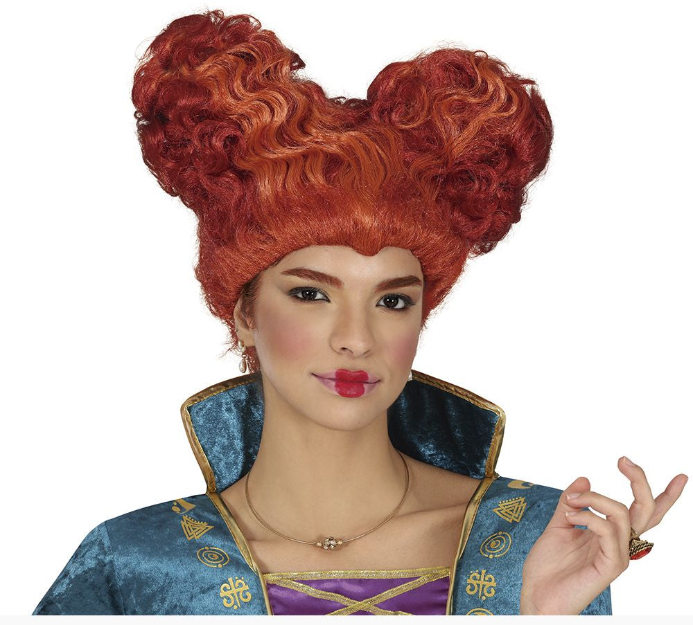 Person wearing a red wig with large buns and a blue costume on a white background