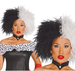 Two women wearing black feathered headpieces and chokers with a white background.