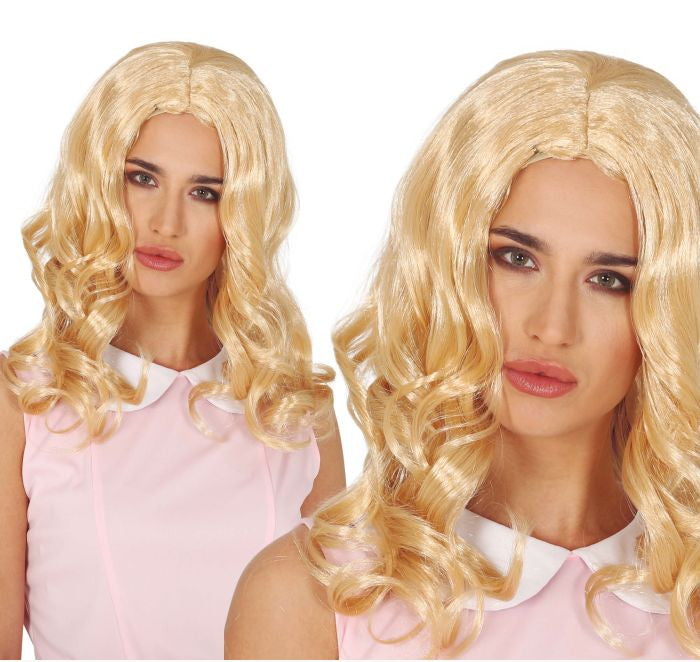 Two views of a blonde wig worn by a model on a white background, with 'FIESTAS GUIRCA s.l.' branding.